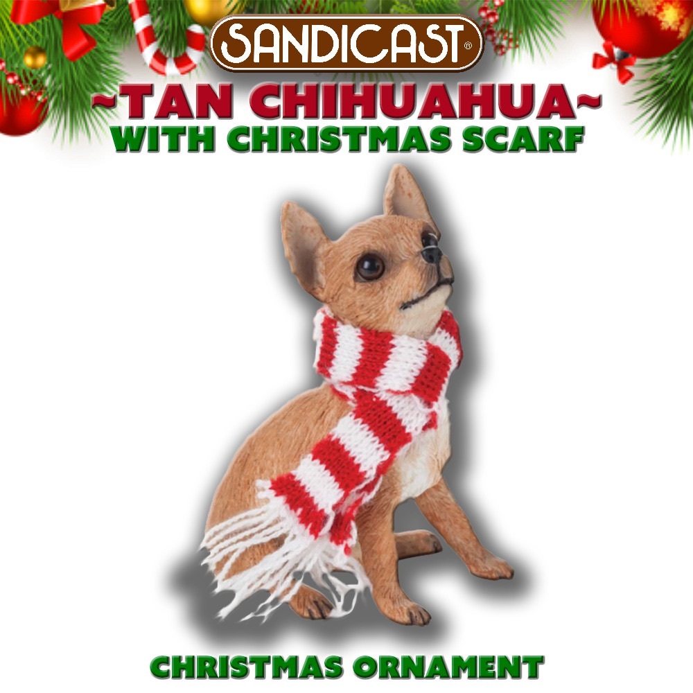Sandicast Tan CHIHUAHUA with Red and White Christmas Scarf